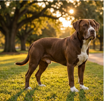 Brown and white dog standing in a sunny park